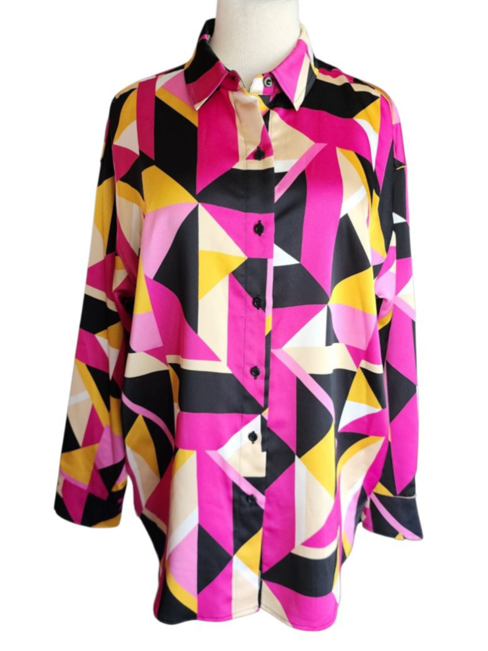 Karl Lagerfeld Paris Bold Geometric Print Button Down Shirt Pink Black Satin L